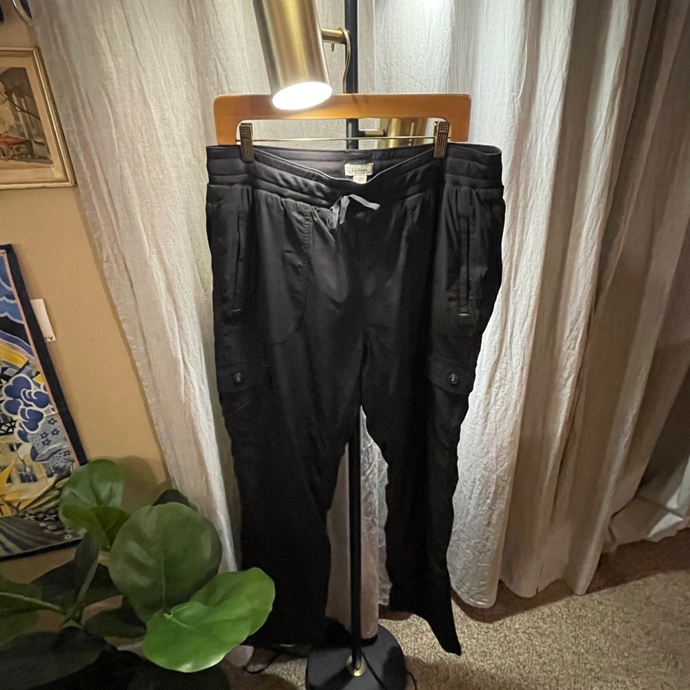 LL Bean hiking pant LG cargo style black insulated cool weather camping comfy